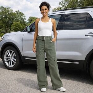 Refuge Green Cargo Pants Wide Leg Flare Y2K Utility Streetwear High Rise Fit M